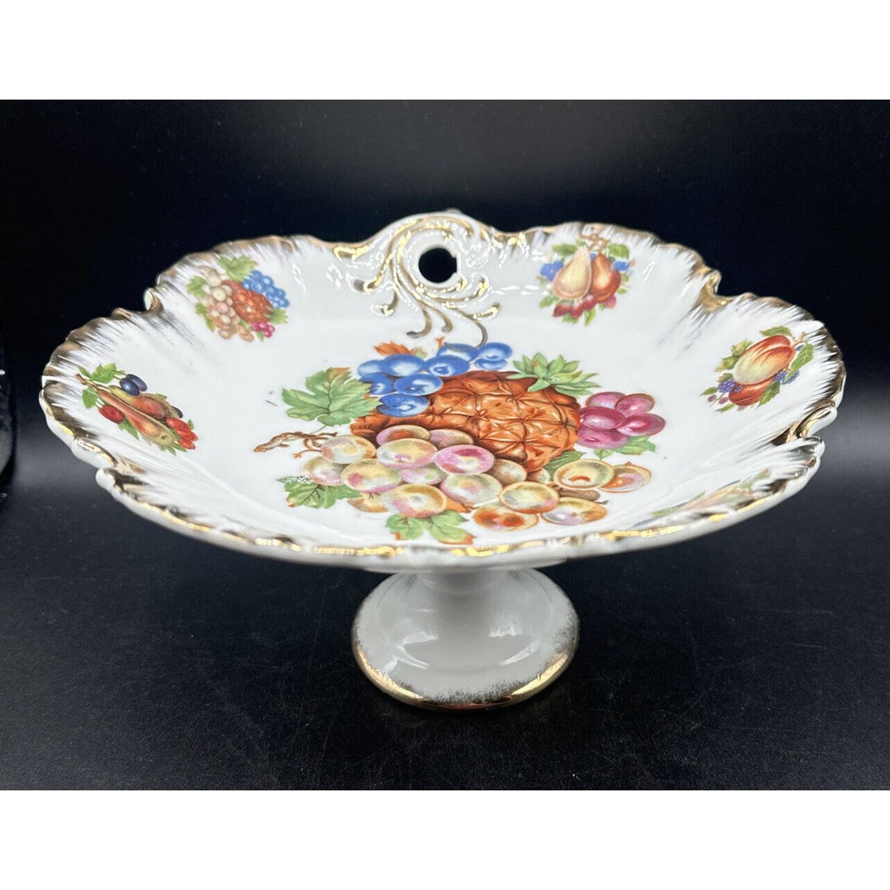 Antique Pedestal Hand painted Cutout Design Gold Trim W Fruit ￼Bowl Design ￼